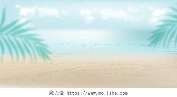 夏日热带树叶天天空太阳烈日沙滩大海海水展板背景